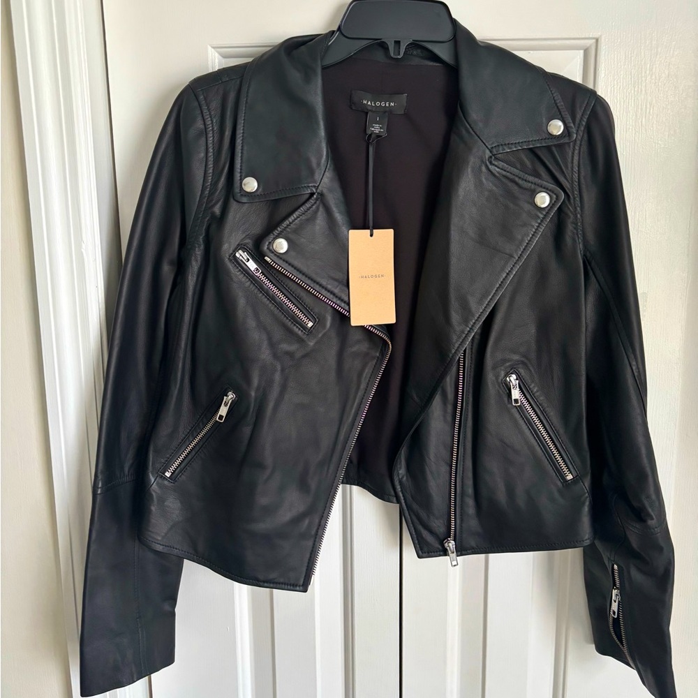 NWT LEATHER biker jacket. Classic style. Halogen by Nordstrom brand.